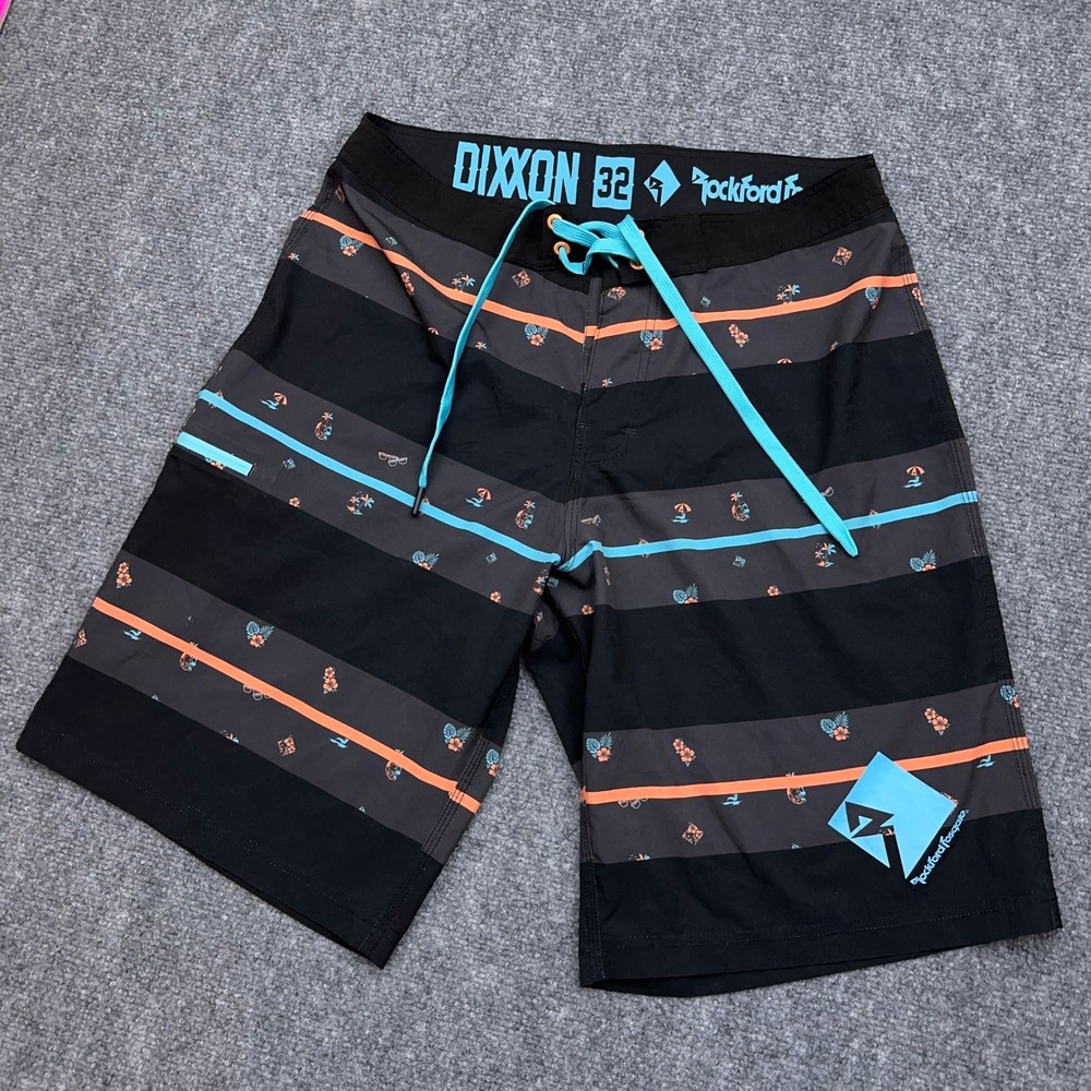 Dixxon Rockford Fosgate Boardshorts Men's 32 Black Striped Tropical Unlined